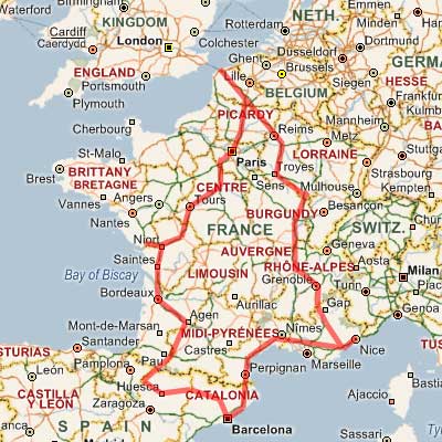 Map of France/Spain trip 2005. The route travelled!